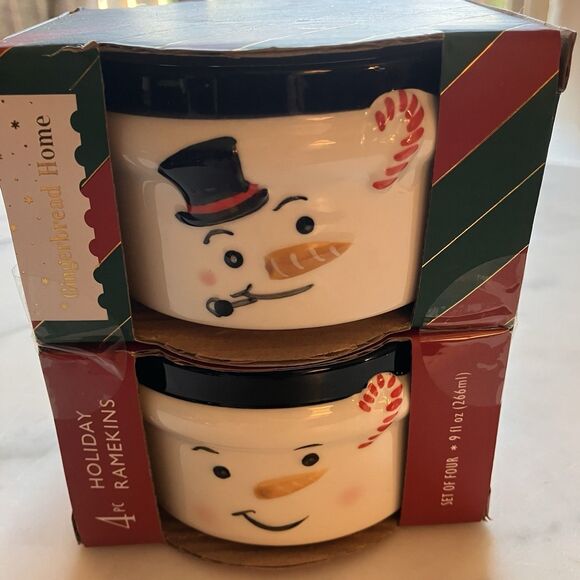 New Gingerbread Home Set of 2 Holiday Ramekins Snowman 4 Pieces Winter Christmas - Picture 1 of 5